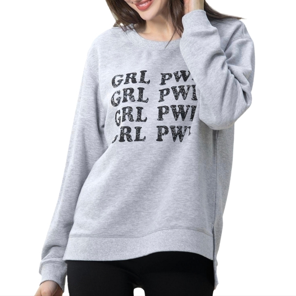 Green Tea Girl Power Crewneck Sweatshirt Gray Small